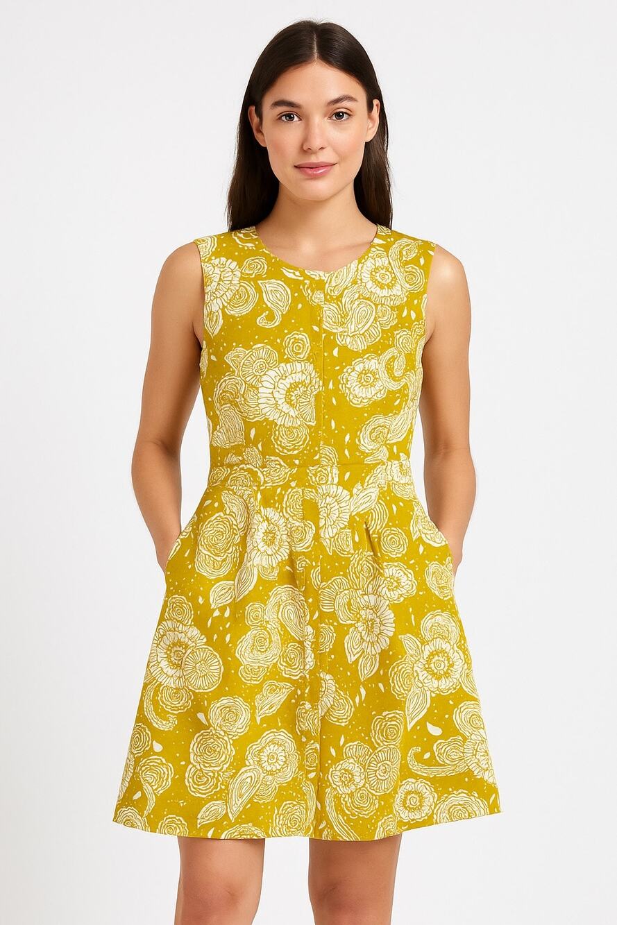 Boden Yellow Floral Paisley Cotton Fit & Flare sleeveless summer Dress Size 8P